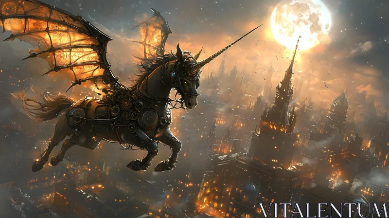 Mechanical Unicorn Flight Above City