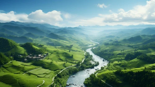 Aerial View of Green Fields and River in Phu Thi Valley, Vietnam