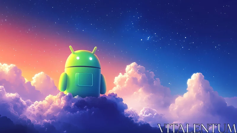 Android Robot in a Celestial Sunset Sky
