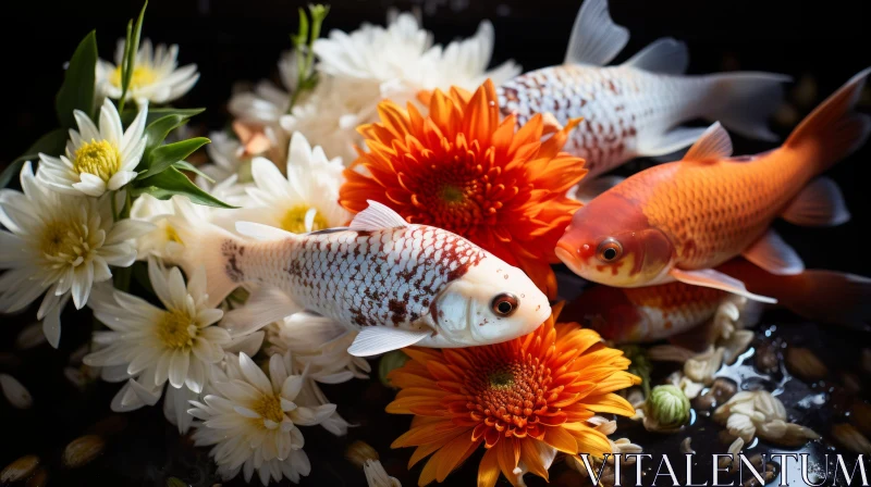 Captivating Composition of Koi Fish and Flowers AI Image