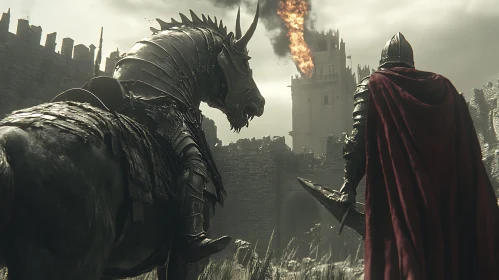 Armored Knight Before a Burning Fortress