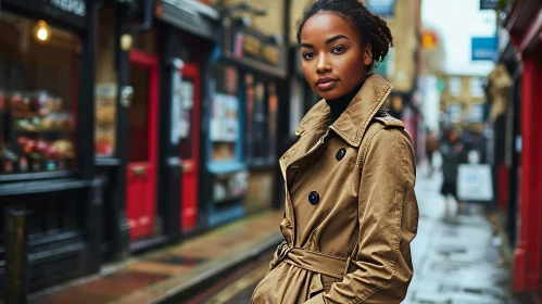 Confident African-American Woman in Brown Trench Coat in Colorful Street