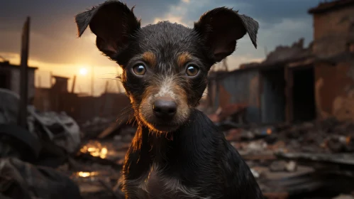 Dog Staring at Sunset amidst Wreckage: An Urban Fairy Tale