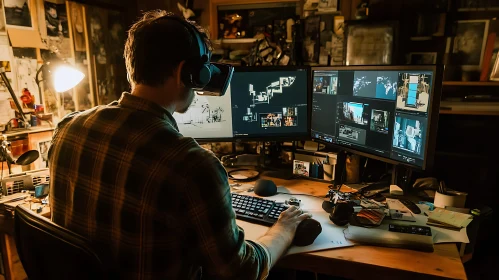 Man Using VR Headset at Cluttered Desk