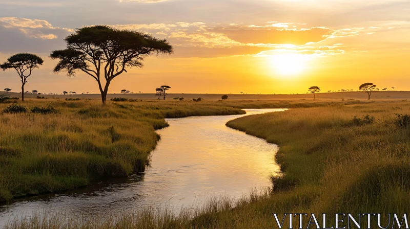 Golden Hour in the African Savannah Featuring a Calm River