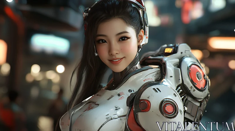 Smiling Cyborg Woman in Futuristic Armor