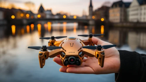 Futuristic Glamour: Hand-held Quadcopter by a River