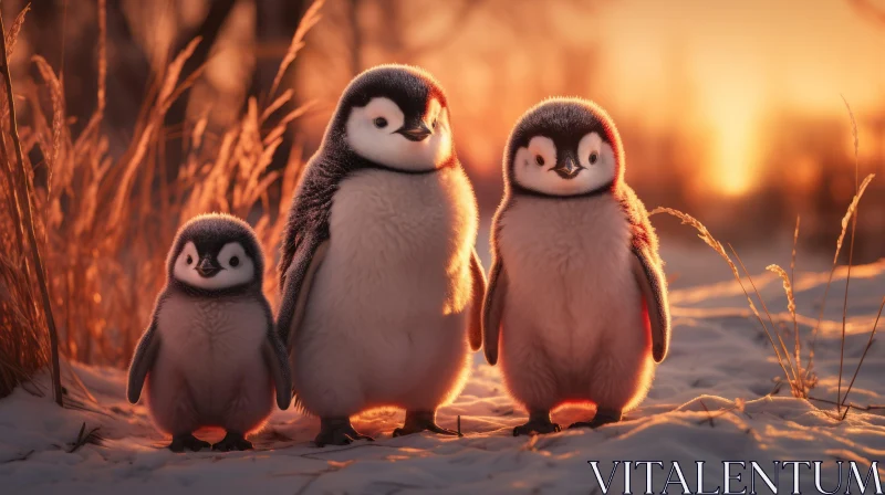 Joyful Penguins in Snow at Sunset - Cartoonish Style AI Image