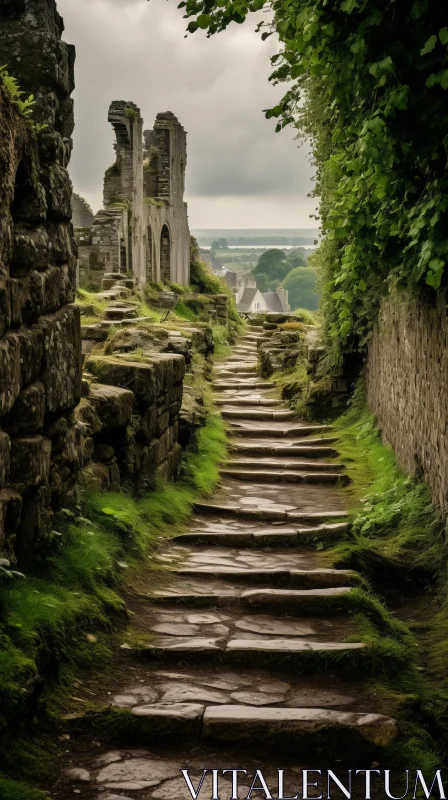 Mysterious Path Leading to an Ancient Castle Under a Cloudy Sky AI Image