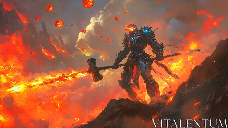 AI ART Armored Warrior in Fiery Landscape