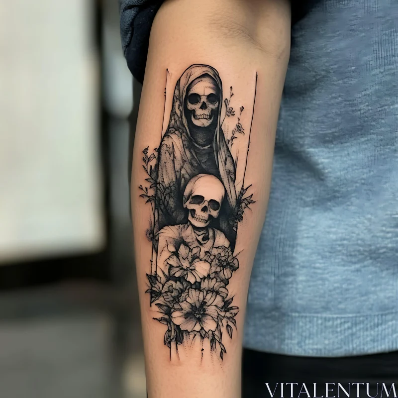 Floral Skeletons Tattoo Art on Arm AI Image