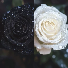 Black Rose and White Rose Close-Up with Water Droplets