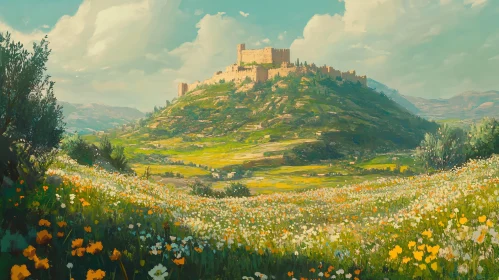 Scenic Castle View with Wildflowers