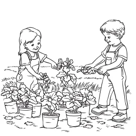 Kids Planting Flowers Black and White