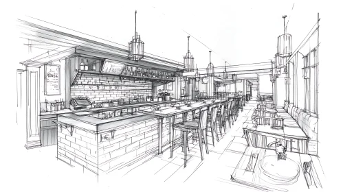 Monochrome Restaurant Interior Drawing