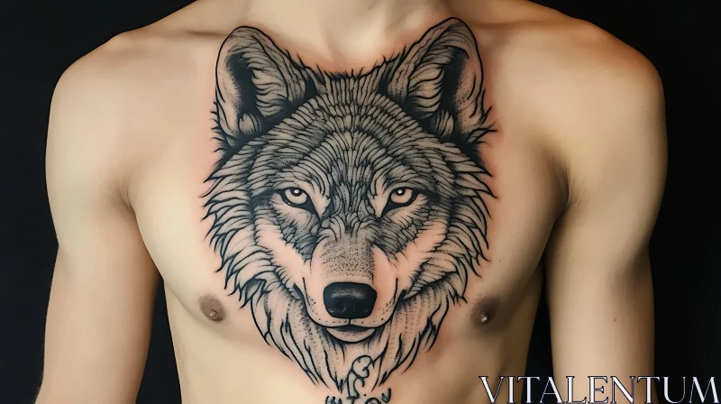 Intricate Wolf Head Tattoo on Chest AI Image