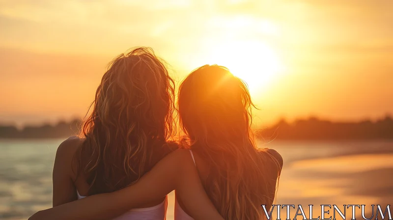 Two Friends Watching Sunset on Beach AI Image