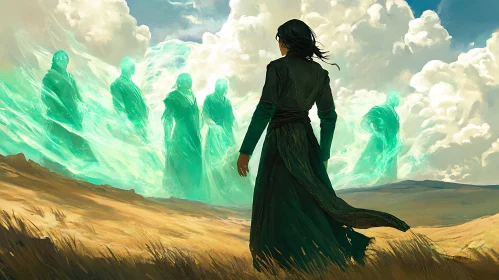 Woman Facing Ghosts in Open Field