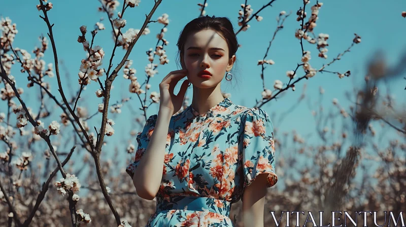 Woman in Floral Dress with Blossoms AI Image