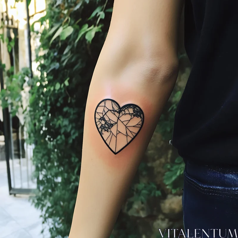 Black Ink Heart Tattoo with Geometric Design AI Image