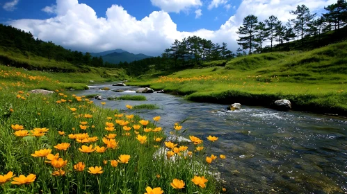 Tranquil River Scene with Wildflowers