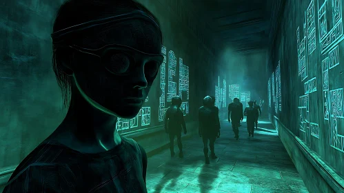Futuristic Cyborg in Teal Tunnel