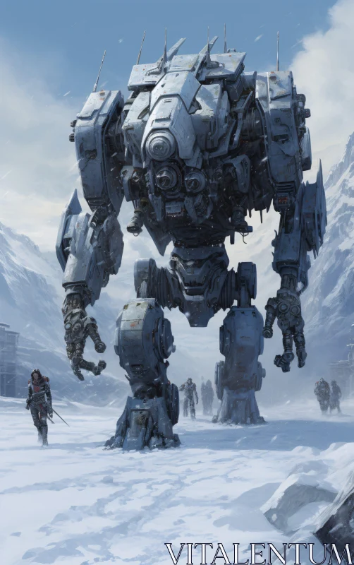 Giant Robot Striding Through Winter Wasteland AI Image