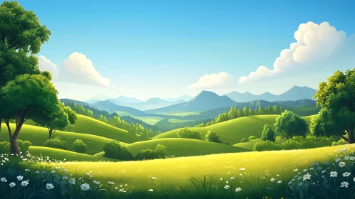 Rolling Green Hills and Blue Sky Scenery