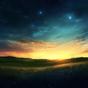 Evening Meadow Landscape with Sunset