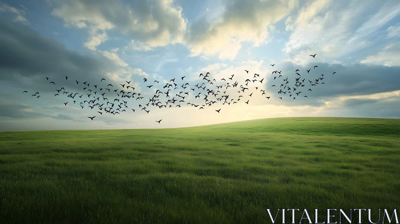 AI ART Flock of Birds Over Serene Landscape