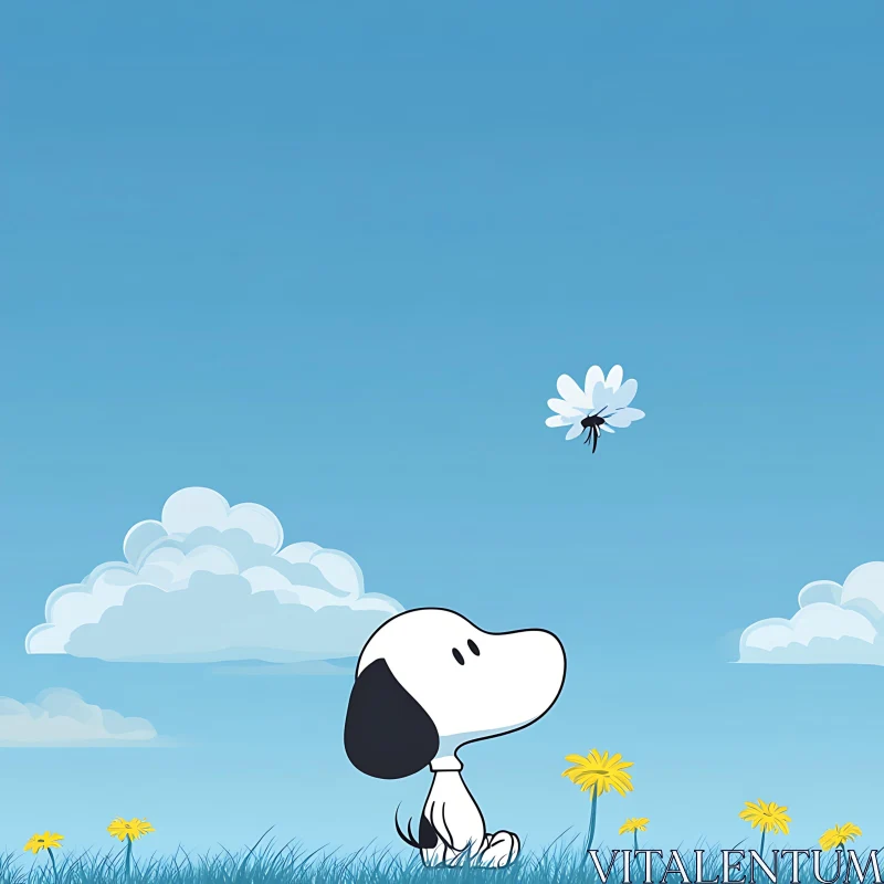 AI ART Cartoon Dog Gazing at Flower