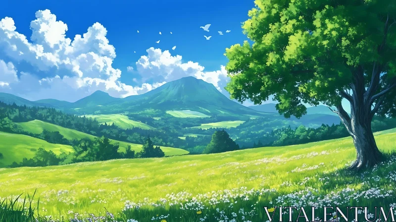 Scenic Landscape with Meadow and Mountains AI Image