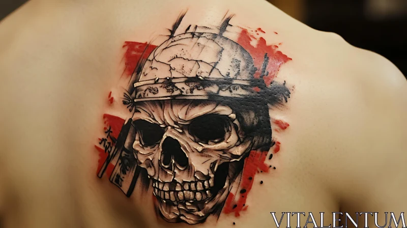 Skull Tattoo with Red Ink on Back AI Image