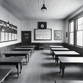 Monochrome Classroom with Desks and Charts