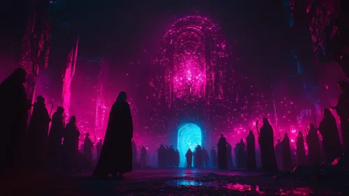 Cloaked Figures at a Magical Gateway