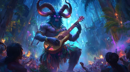 Blue Demon Playing Guitar in Forest