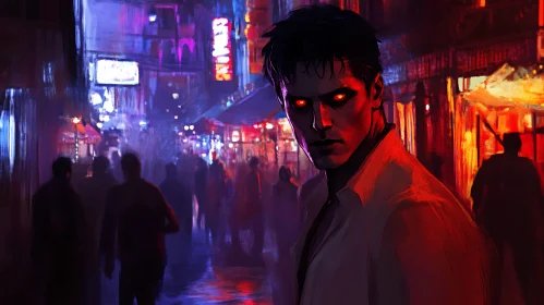 Neon City Portrait with Glowing Eyes