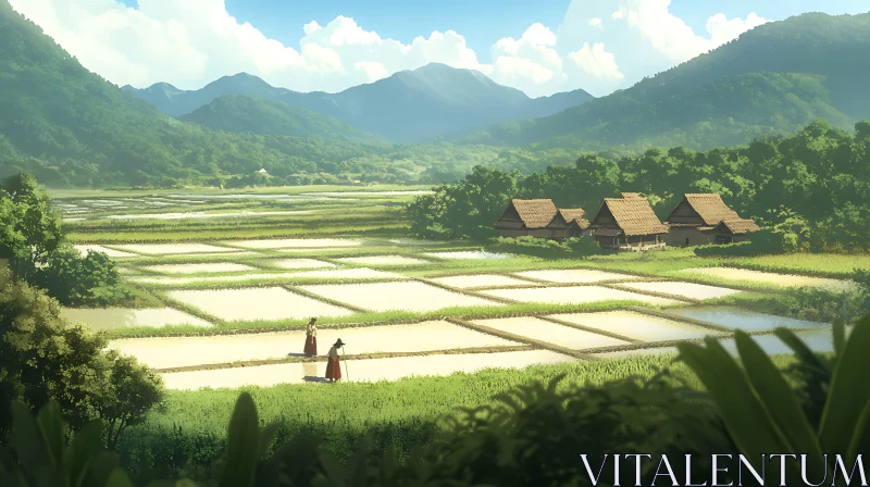 AI ART Tranquil Rice Field Scenery with Mountains