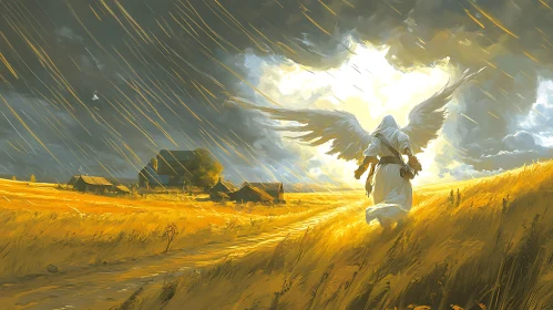 Winged Figure in Rural Landscape