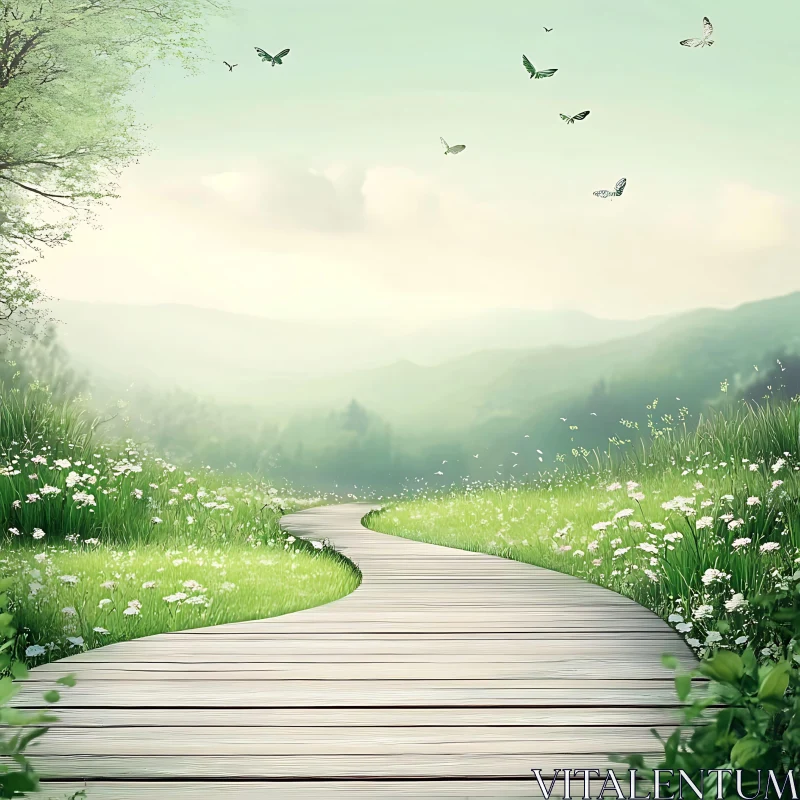 AI ART Wooden Path and Butterflies