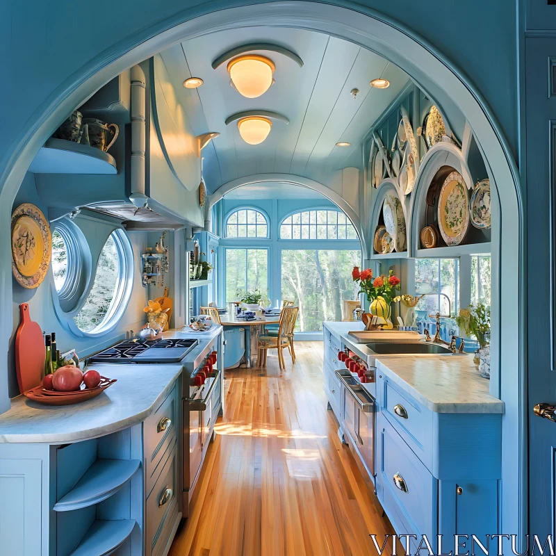 AI ART Whimsical Blue Kitchen with Arched Design