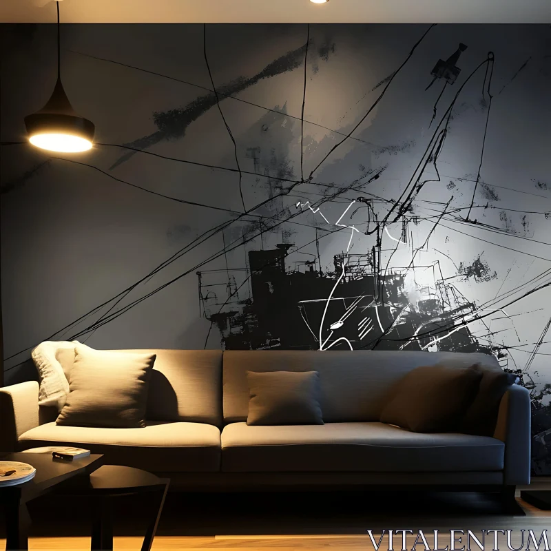 AI ART Minimalist Interior with Grey Sofa and Abstract Art