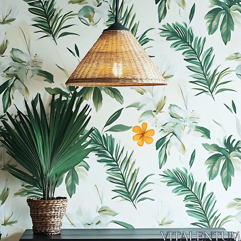 Lush Interior Design with Tropical Wallpaper AI Image