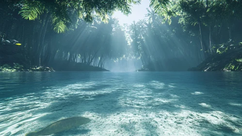 Sunlit Forest Lake with Clear Waters and Fish