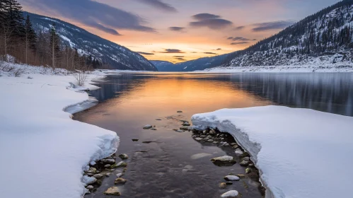 Peaceful Evening Landscape with Snow, River, and Mountains