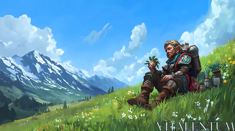 Character Relaxing in Mountain Landscape AI Image