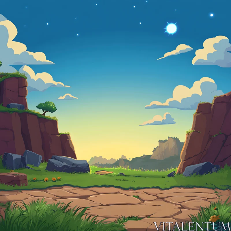 Serene Cartoon Rocky Landscape AI Image