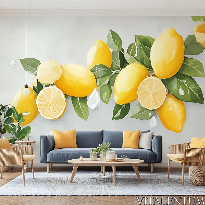 Elegant Interior with Lemon Accent Wall AI Image