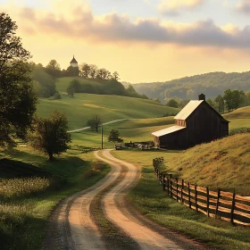 Rustic Barn Landscape with Winding Road