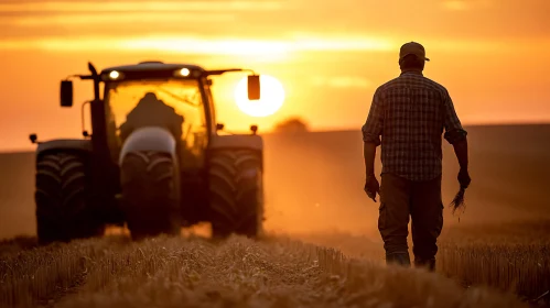 Farmer and Tractor at Sunset